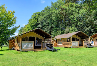 Tende safari di lusso con veranda in legno al Camping La Colline, Belgio Lussemburgo, immerse nel verde.