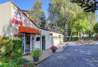 Reception at Camping La Colline holiday park in Belgium Luxembourg, with flowers and outdoor picnic benches.