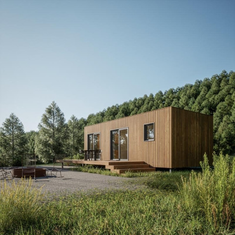 Cabaña moderna de madera en Hameau de l'Ourthe, rodeada de colinas verdes y bosques en Bélgica.