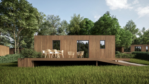 Moderne træhytte med terrasse i grønne omgivelser, Hameau de l'Ourthe feriepark, Belgien Luxembourg.
