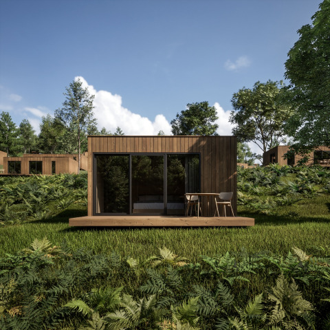 Cabane moderne en bois, terrasse verdoyante au Hameau de l'Ourthe, parc de vacances en Belgique Luxembourg.