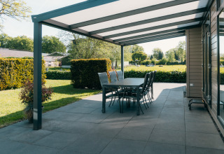Covered patio at Veluwe Villa, Holiday park De Boshoek in the Netherlands, featuring a garden and dining table.