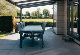 Overdekt terras met eetset aan Veluwe Villa in vakantiepark De Boshoek, Nederland, met uitzicht op weiland.