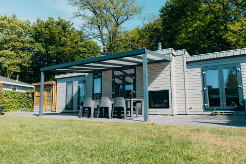 Outdoor view of Veluwe Villa at Holiday park De Boshoek, with patio and garden furniture in the Netherlands.