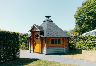 Wooden lodge at Veluwe Villa in Holiday park De Boshoek, Netherlands, surrounded by greenery on a sunny day.