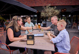 Famiglia che cena all'aperto sulla terrazza al parco vacanze De Leistert, Limburg, Paesi Bassi, brindando insieme.
