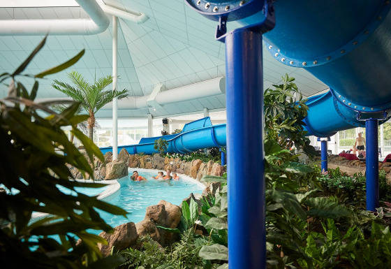 Indoor water park with blue waterslide and tropical plants at De Leistert holiday park in Limburg, Netherlands.