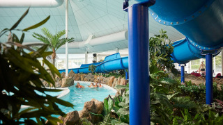 Indendørs vandland med blå rutsjebane og tropiske planter i De Leistert feriepark i Limburg, Holland.