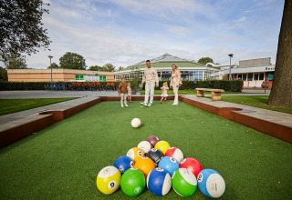 Une famille joue à un jeu de plein air avec de grosses boules à De Leistert, parc de vacances au Limbourg, Pays-Bas.
