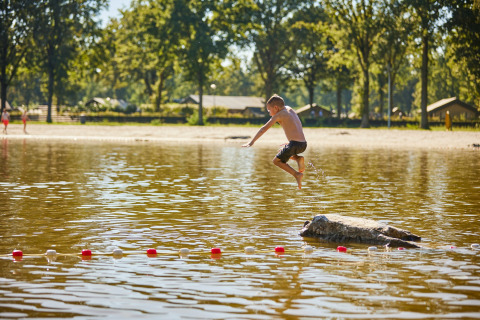 Junge springt von einem Felsen ins Wasser im Ferienpark De Leistert in Limburg, Niederlande.