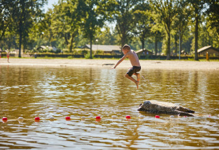 Boy jumps from a rock into the water at De Leistert holiday park, Limburg, Netherlands, on a sunny day.