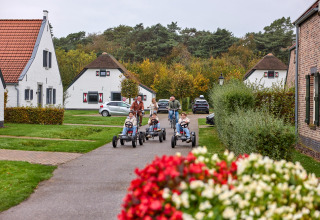Families ride go-karts and bikes on a charming street in De Leistert holiday park, Limburg, Netherlands.