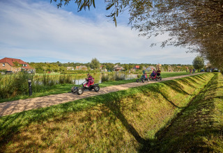 Holiday park De Leistert in Limburg, Netherlands with families riding pedal go-karts along a lakeside path.