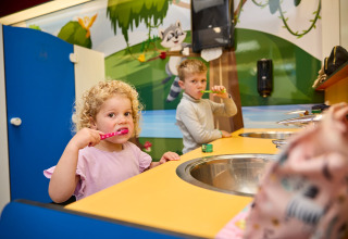 Kinderen poetsen hun tanden aan een vrolijk wasbekken in een vakantiepark in Limburg, Nederland.