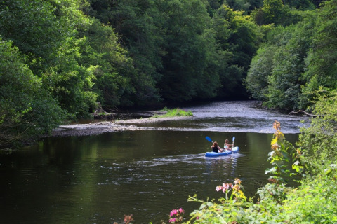 Deux personnes font du kayak sur une rivière paisible entourée de forêt dans un parc de glamping.