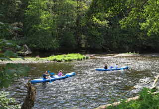 People canoeing in blue kayaks on a river surrounded by forest near a glamping holiday park.