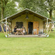 Family having breakfast on the porch of a safari tent at a campsite, surrounded by greenery and other tents.