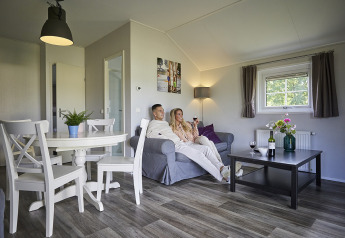 Koppel geniet van wijn in de woonkamer van Leistert Lodge bij De Leistert, Nederland, modern interieur