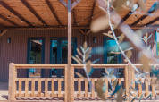 Houten veranda van de Luxury Lodge bij Holiday Park Sallandshoeve, Nederland, met takken op de voorgrond.