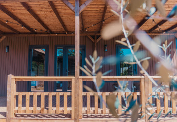 Porche de madera de la Luxury Lodge en Holiday Park Sallandshoeve, Países Bajos, visto entre ramas.