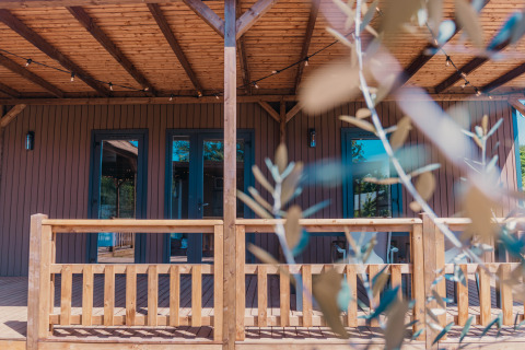 Holzveranda der Luxury Lodge im Holiday Park Sallandshoeve, Niederlande, mit Zweigen im Vordergrund.