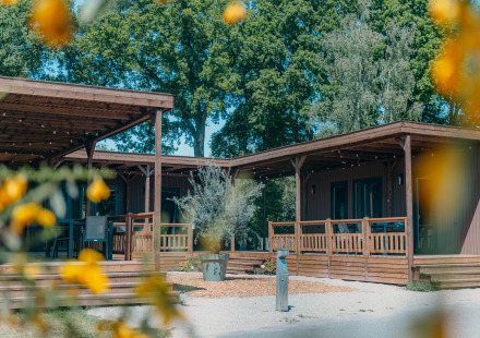 Buitenaanzicht van Luxury Lodge met houten veranda, omgeven door groene bomen en gele bloemen.