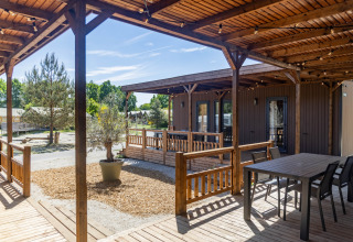 Terraza de madera en Luxury Lodge en Holiday Park Sallandshoeve, Países Bajos, con mesa, sillas y vegetación.