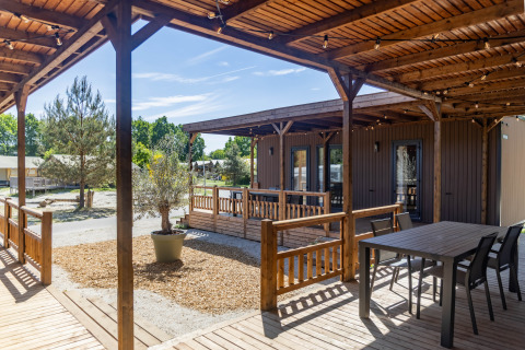 Ruim terras van hout bij Luxury Lodge op Holiday Park Sallandshoeve, Nederland, met meubels en beplanting.