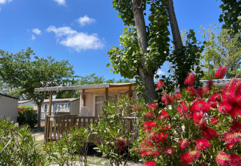 Día soleado en una cabaña llamada Cottage en Camping Seasonova Ensoya, Francia, rodeada de árboles y flores rojas.