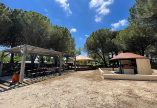 Outdoor picnic area with wooden pergola, barbecue grill, and tables under pine trees at Camping Seasonova Ensoya.