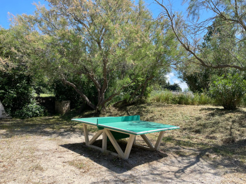 Grüner Tischtennistisch im Freien unter Bäumen bei Camping Seasonova Ensoya, Occitanie, Frankreich.