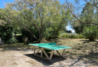Grüner Tischtennistisch im Freien unter Bäumen bei Camping Seasonova Ensoya, Occitanie, Frankreich.