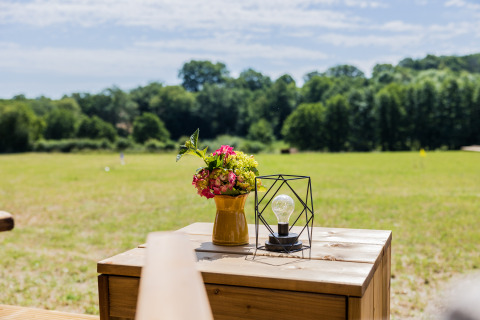 View from Papillon safari tent at Domaine Bonneblond, France, with flowers and a lamp on a wooden table.