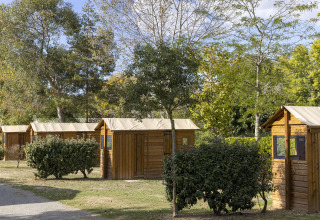 Houten huisjes omringd door groen bij Flower Camping La Davière Plage in Pays de la Loire, Frankrijk.