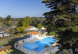 Overzicht van het zwembad en vakantiehuisjes tussen bomen op Flower Camping La Davière Plage in Frankrijk.