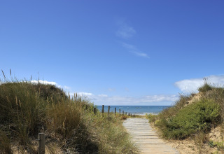 Houten pad door duinen naar zee bij Flower Camping La Davière Plage, Pays de la Loire, onder een blauwe lucht.