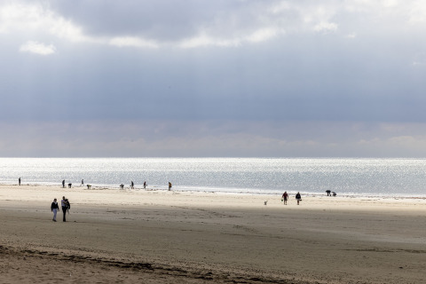 Strandbillede fra Flower Camping La Davière Plage i Pays de la Loire med folk, vand og dramatisk himmel.