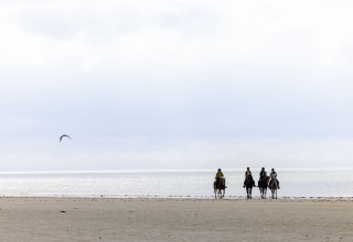 Quatre personnes montent à cheval sur la plage du Flower Camping La Davière Plage, Pays de la Loire, France.