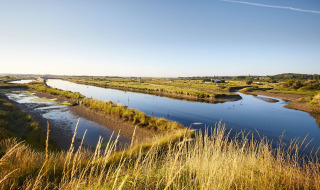 Paisaje natural cerca de Saint Jean de Monts en Pays de la Loire, Francia, con ríos y praderas verdes.