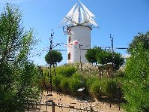 Foto de un molino de viento rodeado de vegetación en Flower Camping La Davière Plage, Pays de la Loire, Francia.