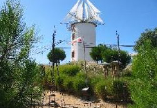 Foto di un mulino a vento circondato dal verde a Flower Camping La Davière Plage, Pays de la Loire, Francia.