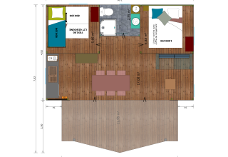 Plano de la tienda safari Hut Cotton Confort con dos dormitorios, baño, cocina y amplia terraza.