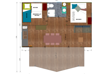 Planimetria della tenda safari Hut Cotton Confort con due camere da letto, bagno, cucina e terrazza.