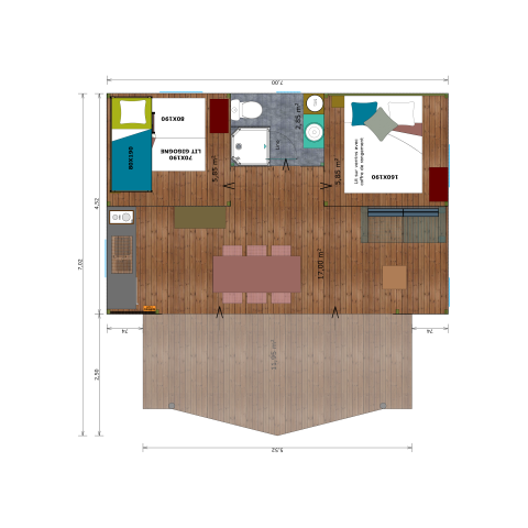 Plano de la tienda safari Hut Cotton Confort con dos dormitorios, baño, cocina y amplia terraza.