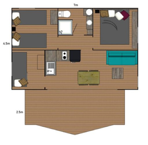 Grundriss eines Safari-Zeltes mit zwei Schlafzimmern, Bad, Küche und einem Wohnbereich mit Sofa.