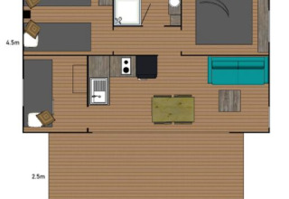 Plano de una tienda safari con dos dormitorios, baño, cocina, comedor y sala de estar amplia.