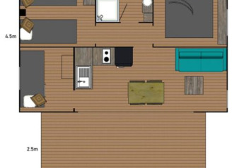 Plano de una tienda safari con dos dormitorios, baño, cocina, comedor y sala de estar amplia.