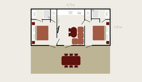 Plan de la Luxury Lodge comprenant deux chambres, deux salles de bain, un séjour et une terrasse avec table à manger.
