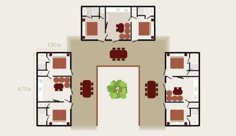 Floor plan of Luxury Lodge at Holiday Park Sallandshoeve showing four suites, common areas, and central patio.