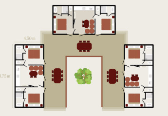 Plantegning af Luxury Lodge på Holiday Park Sallandshoeve med fire separate værelser og fællesområder.
